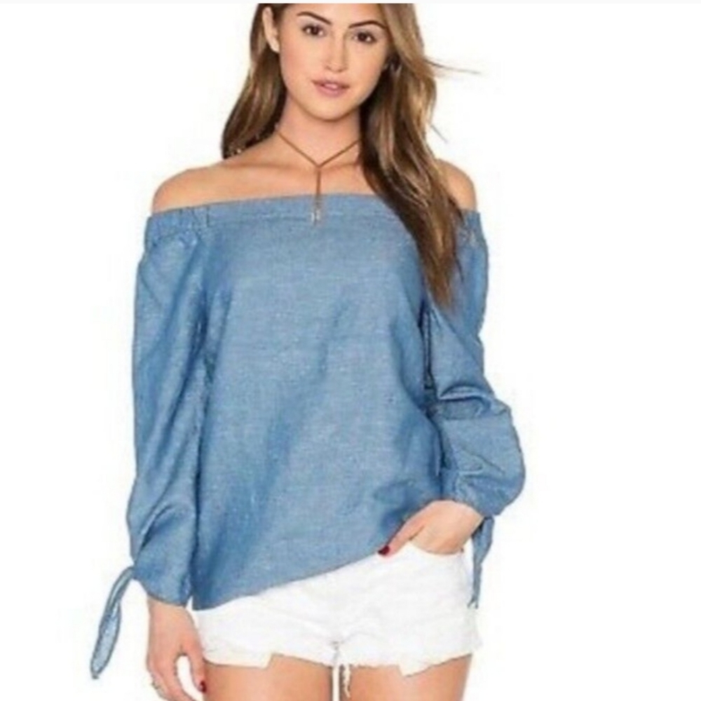 Free People Blue Chambray Show Some Shoulder Top